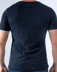 Imagen de espalda playera cuello redondo con diseño de moto color marino marca Bros Club