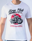 Imagen de frente playera cuello redondo con diseño de moto color blanco marca Bros Club