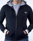 Imagen de frente sudadera con cierre y gorro de hombre color azul marino marca Bros Club