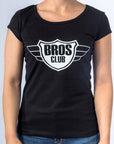 Imagen de frente playera cuello redondo con logo Bros Club color negro para mujer marca Bros Club