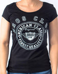 Imagen de frente playera cuello redondo con logo classic color negro para mujer marca Bros Club