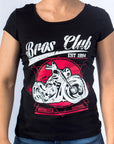 Imagen de frente playera cuello redondo con diseño de moto color negro para mujer marca Bros Club