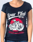 Imagen de frente playera cuello redondo con diseño de moto color marino para mujer marca Bros Club