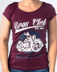 Imagen de frente playera cuello redondo con diseño de moto color vino para mujer marca Bros Club