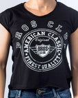 Imagen de frente playera sin mangas diseño classic color negro para mujer marca Bros Club
