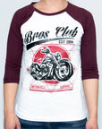 Imagen de frente playera manga larga con diseño de moto color blanco con vino para mujer.