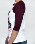 Imagen de lado playera manga larga con diseño de moto color blanco con vino para mujer.