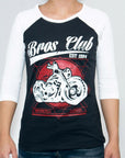 Imagen de frente playera manga larga con diseño de moto color marino con blanco para mujer.