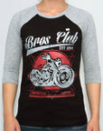 Imagen de frente playera manga larga con diseño de moto color negro con jaspe para mujer.