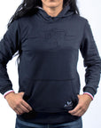 Imagen de frente sudadera color azul marino con logo vulcanizado de mujer marca Bros Club