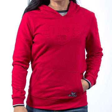 Imagen de frente sudadera color rojo con logo vulcanizado de mujer marca Bros Club