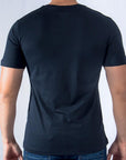 Imagen trasera de playera cuello redondo con logo classic color marino marca Bros Club