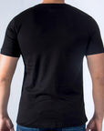 Imagen de espalda playera cuello redondo con diseño de moto color negro marca Bros Club