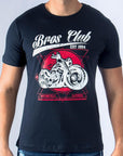 Imagen de frente playera cuello redondo con diseño de moto color marino marca Bros Club