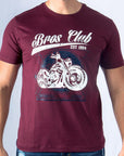 Imagen de frente playera cuello redondo con diseño de moto color vino marca Bros Club