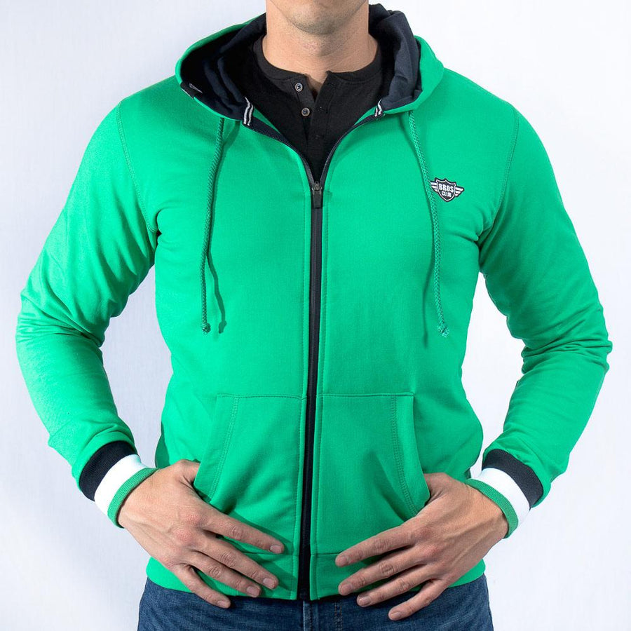 Imagen de frente sudadera con cierre y gorro de hombre color verde marca Bros Club