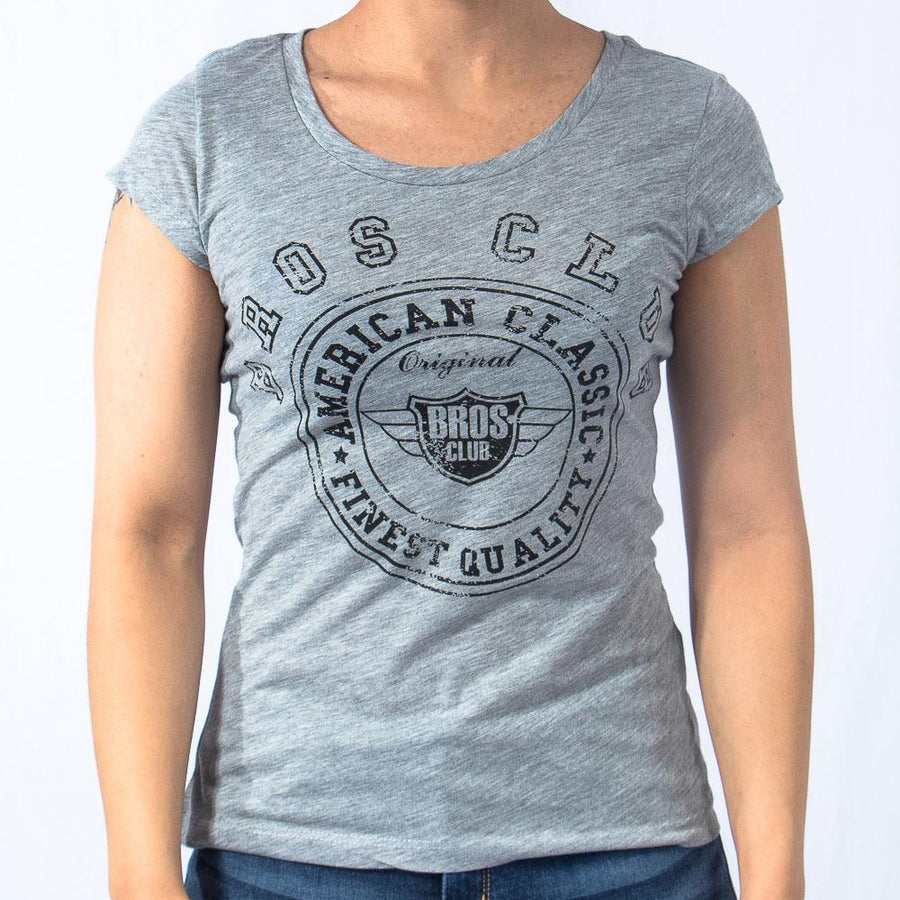 Imagen de frente playera cuello redondo con logo classic color gris para mujer marca Bros Club