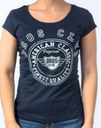 Imagen de frente playera cuello redondo con logo classic color marino para mujer marca Bros Club