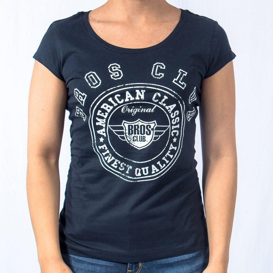 Imagen de frente playera cuello redondo con logo classic color marino para mujer marca Bros Club