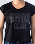 Imagen de frente playera sin mangas diseño glitter color negro para mujer marca Bros Club