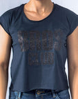 Imagen de frente playera sin mangas diseño glitter color marino para mujer marca Bros Club