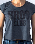 Imagen de frente playera sin mangas diseño glitter color marino para mujer marca Bros Club