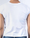 Imagen de espalda playera sin mangas diseño glitter color blanco para mujer marca Bros Club
